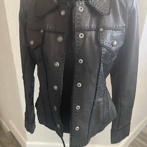 Womens Black Leather Button-Front Jacket